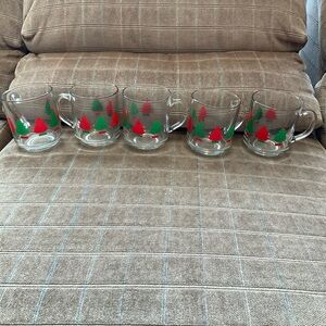 5 Vintage Arcoroc France Glass Coffee Cups With Red and Green Christmas Tree Mug
